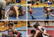 a collage of photos of a wrestling match